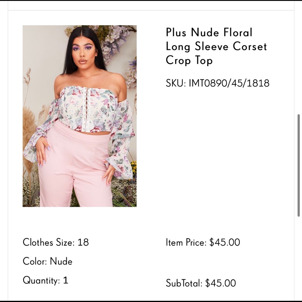Nude Floral Long Sleeve Corset Crop Top from PLT